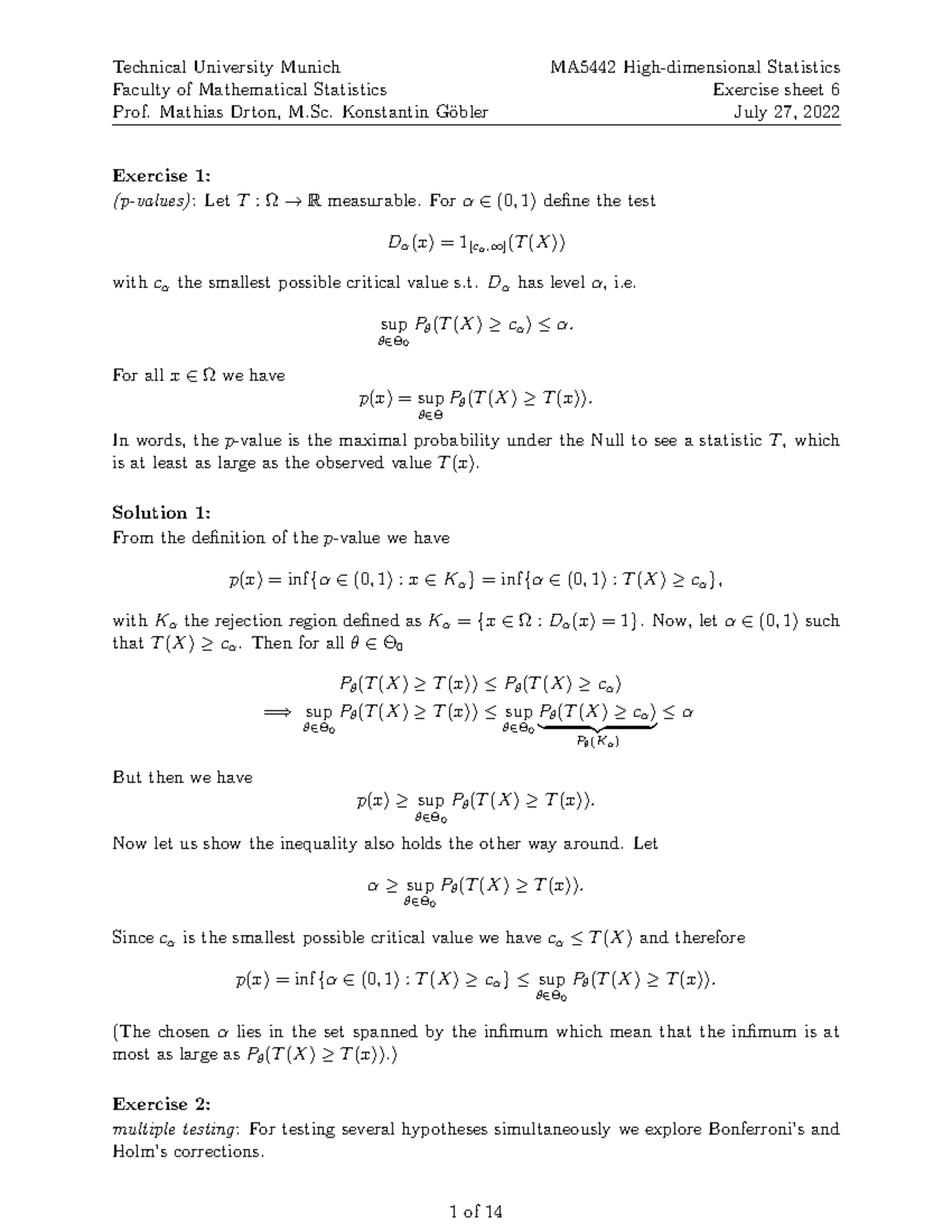 High dimensional statistics Exercise Sessions - Faculty of Mathematical ...