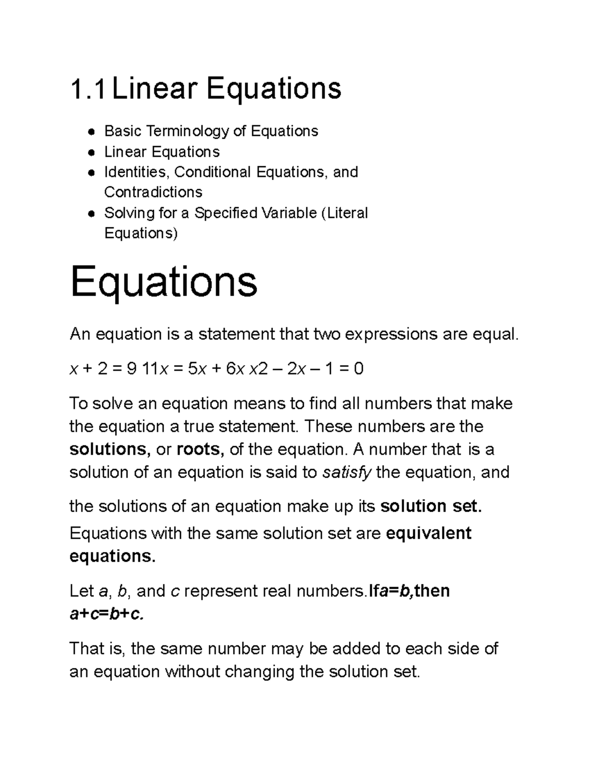 1.1 linear equations - 1 Linear Equations Basic Terminology of ...