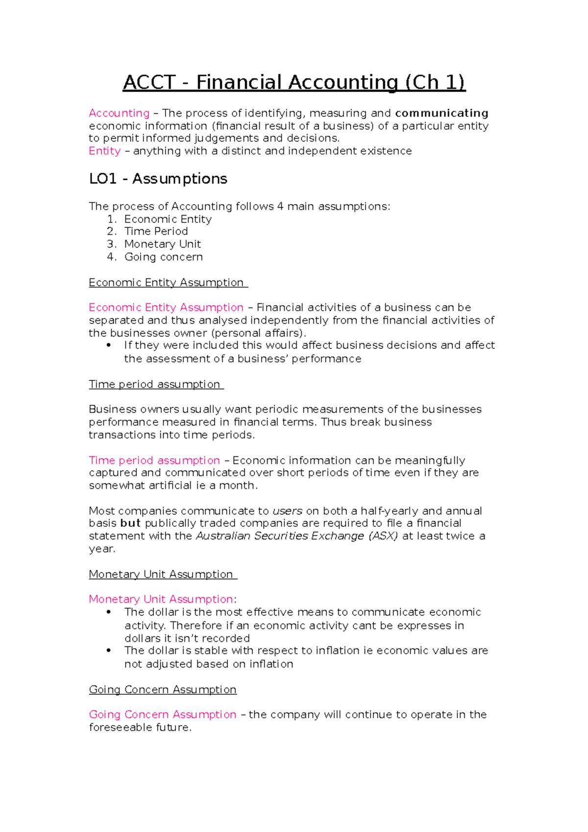 Accounting Notes Full 1 - ACCT - Financial Accounting (Ch 1) Accounting ...