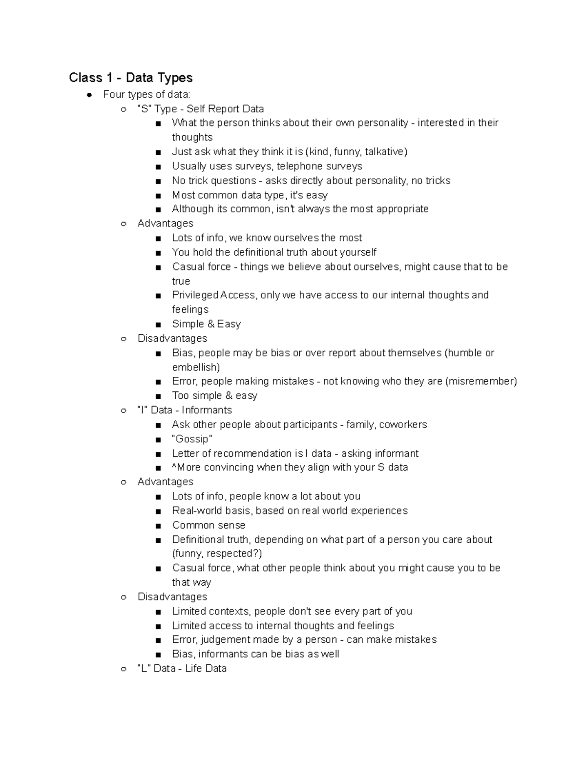 Personality Notes - Class 1 - Data Types Four types of data: “S” Type ...