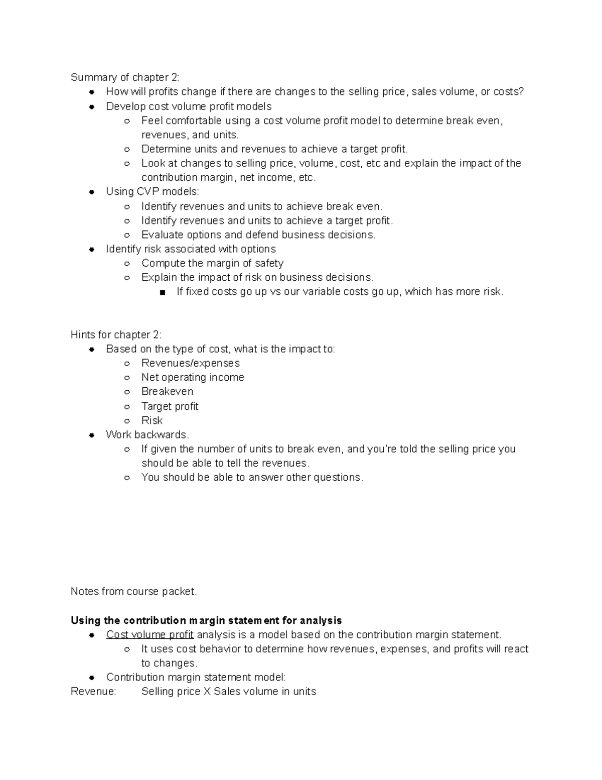 Chapter 2 notes - Summary of chapter 2: How will profits change if ...