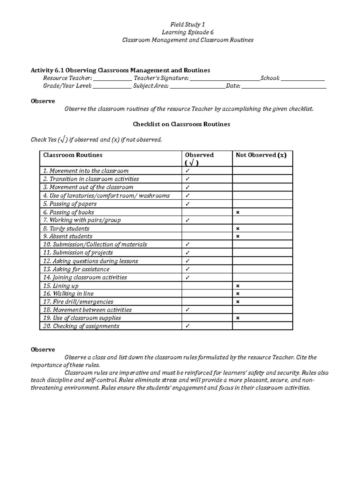 FS1 EO6 Task Field Study 1 Learning Episode 6 Classroom Management
