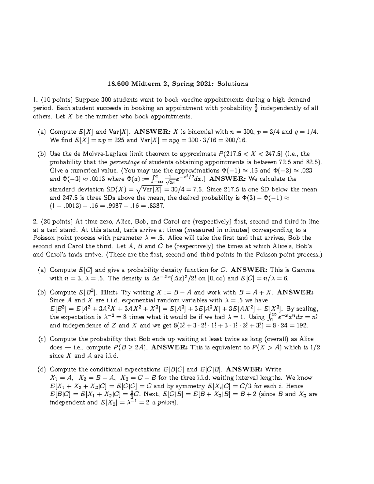 2021spring 600midtermtwosols - 18 Midterm 2, Spring 2021: Solutions (10 ...