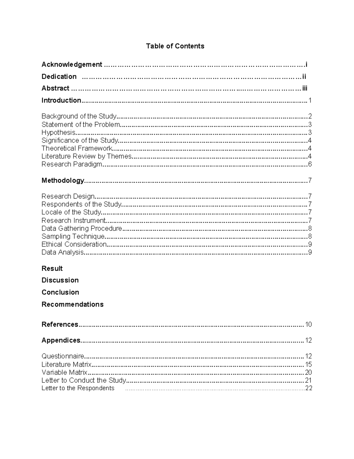 Table-of-Contents - Table of Contents for research example - Table of ...