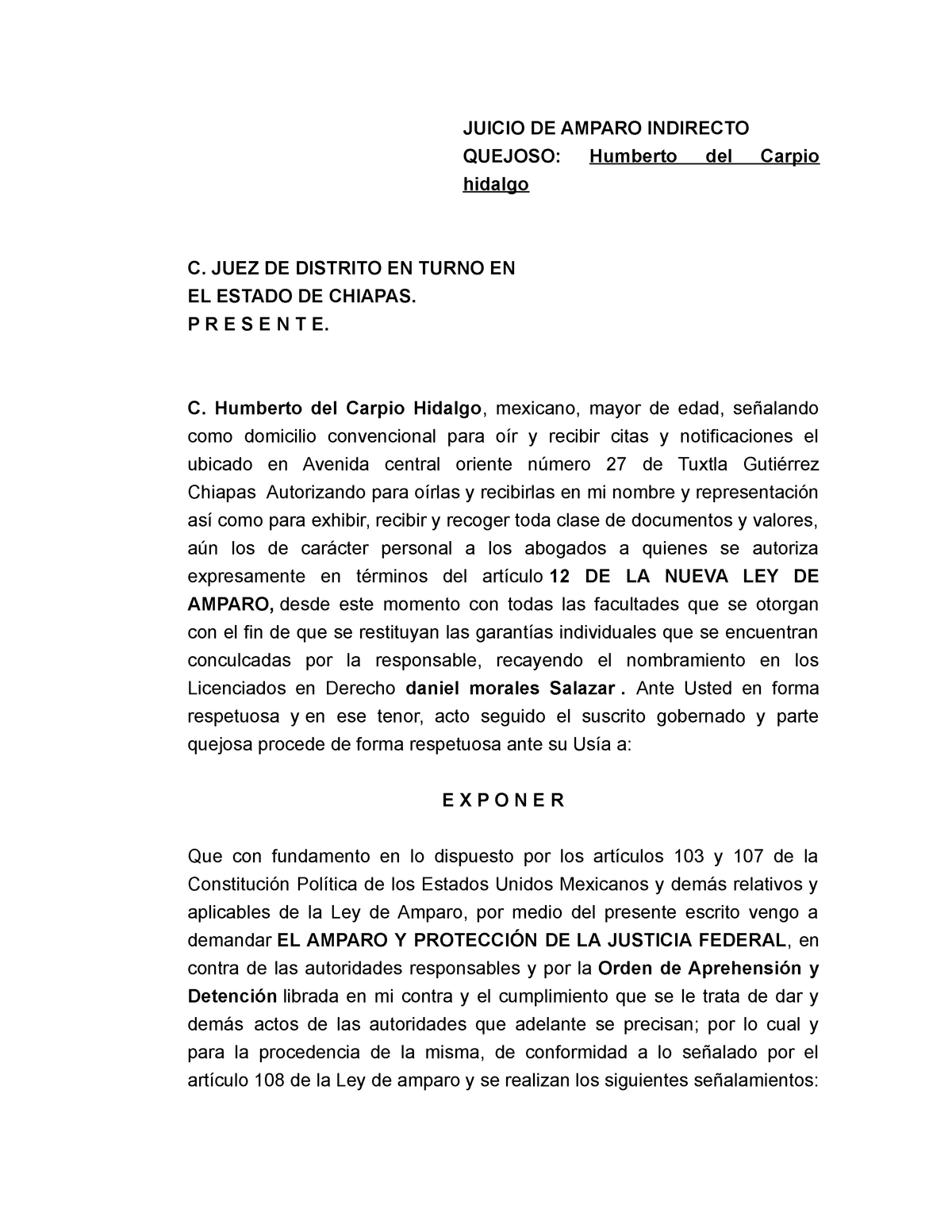 Juicio DE Amparo Indirecto - JUICIO DE AMPARO INDIRECTO QUEJOSO ...