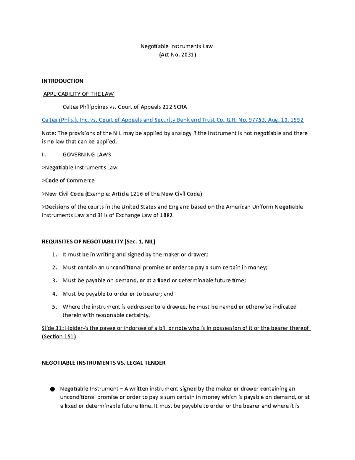 Negotiable Instruments - Law (Notes Summary) - Negotiable Instruments ...