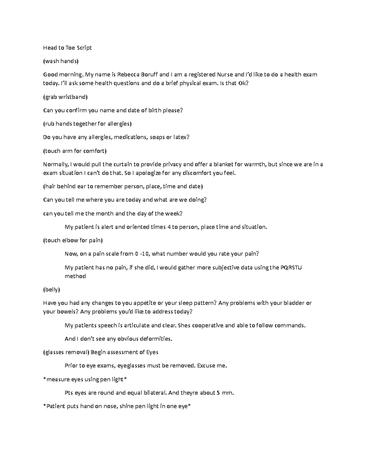 Head to Toe script - Head to Toe Script (wash hands) Good morning. My ...