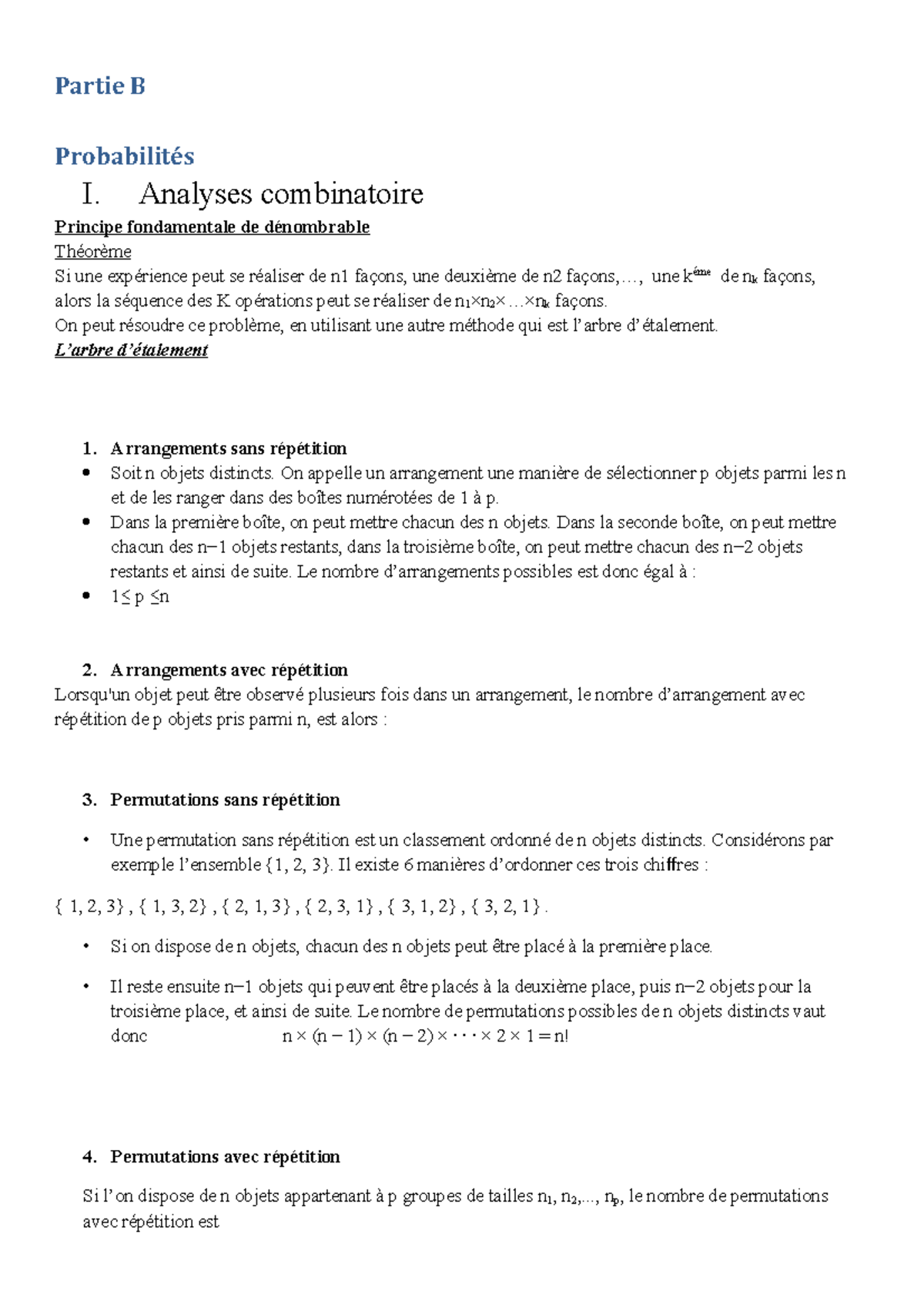 Analyses Combinatoire - Partie B Probabilités I. Analyses Combinatoire ...