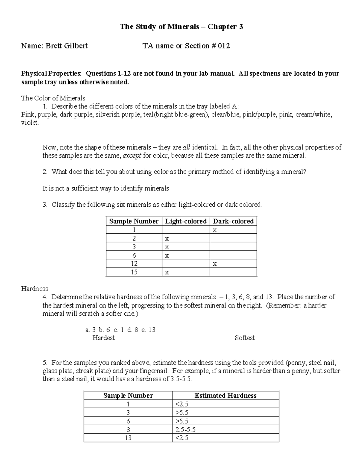 Minerals Lab Student Version S2023-1104 - The Study Of Minerals ...