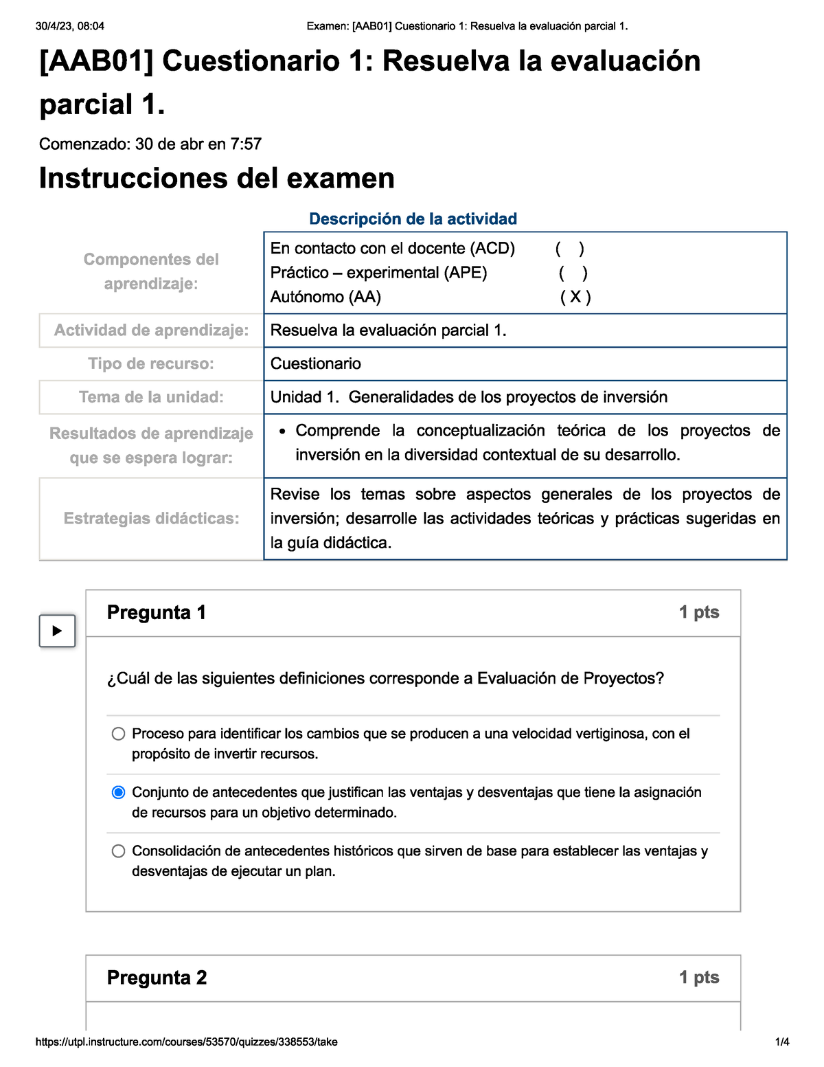 Evaluacion 1 Resuelva La Evaluacion Parcial 1 Proyectos De Inversion ...