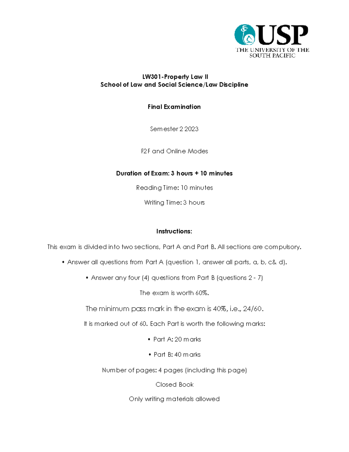 LW301 Final Exam Paper S2 2023 Oct-5-2023 - LW301-Property Law II ...