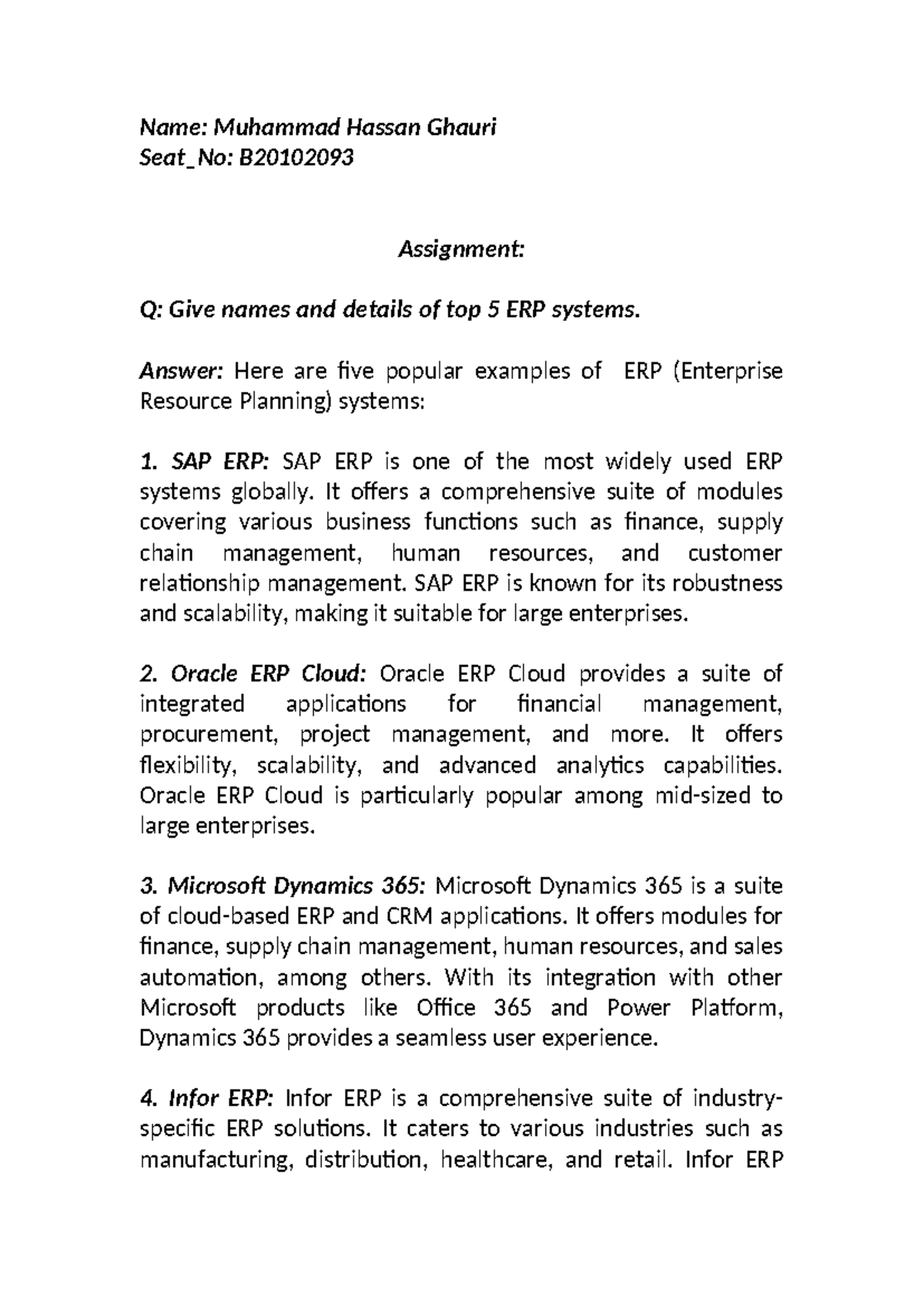 ERP Assignment - Name: Muhammad Hassan Ghauri Seat_No: B Assignment: Q ...