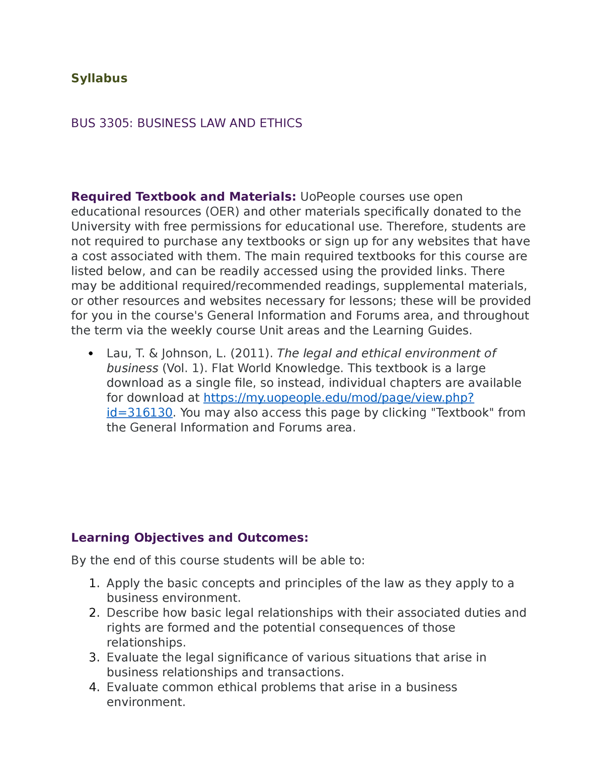 BUS 3305 Syllabus - Syllabus BUS 3305: BUSINESS LAW AND ETHICS Required ...