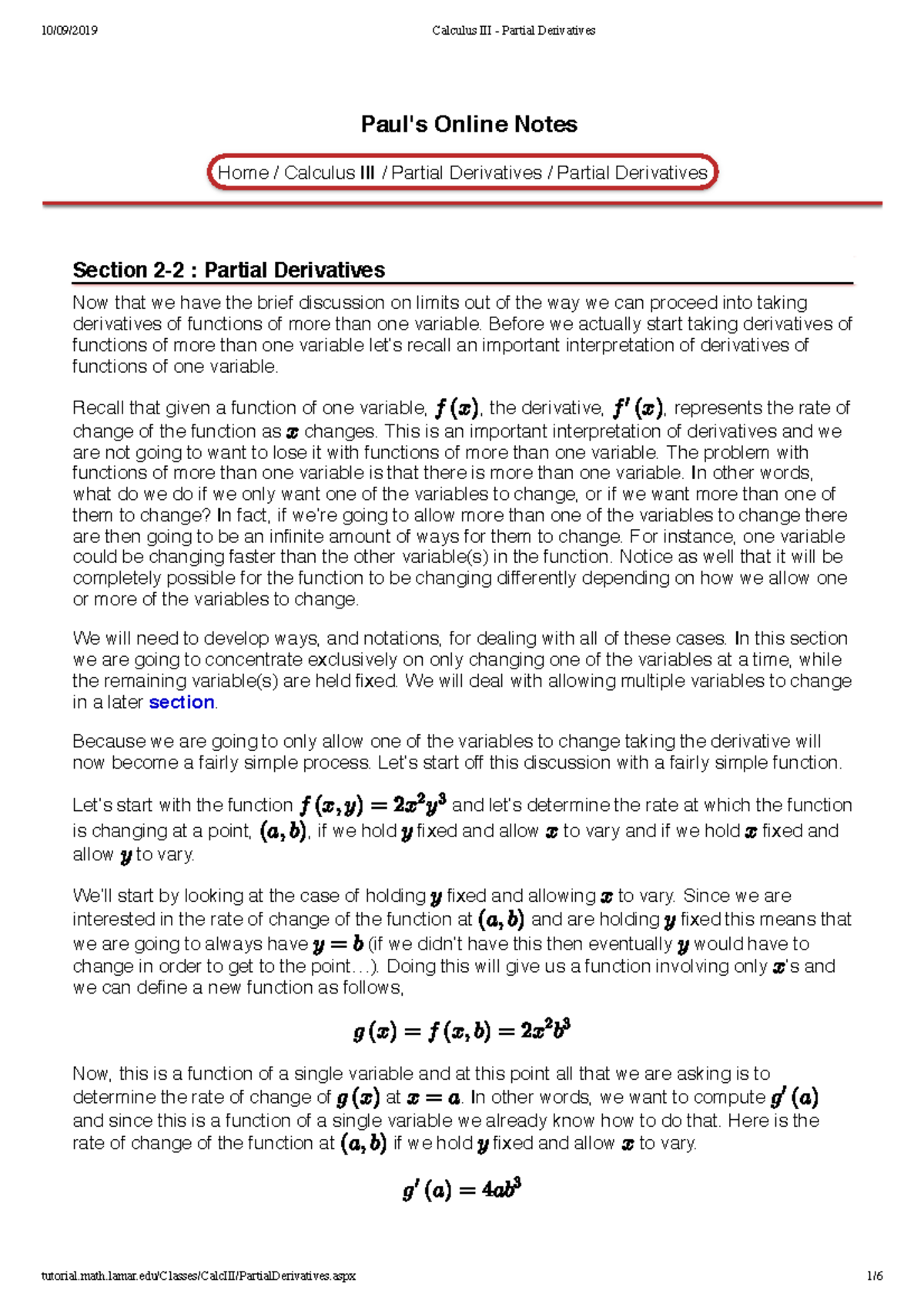 Calculus III - Partial Derivatives Pauls Online Notes - Pauls Online 