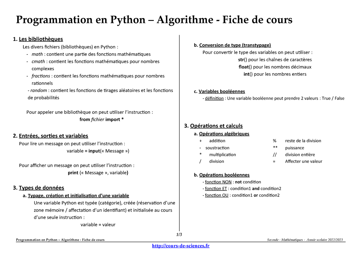 Python Algorithmes - Programmation En Python – Algorithme - Fiche De ...