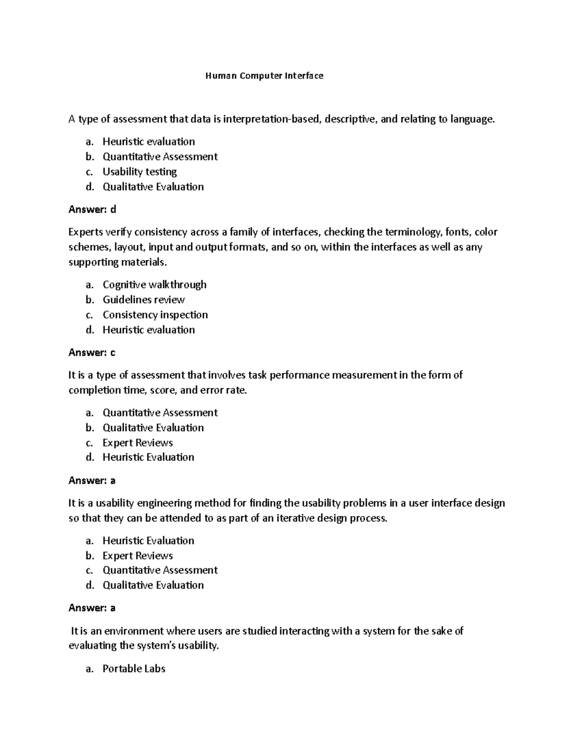 Human Computer Interface - a. Heuristic evaluation b. Quantitative ...