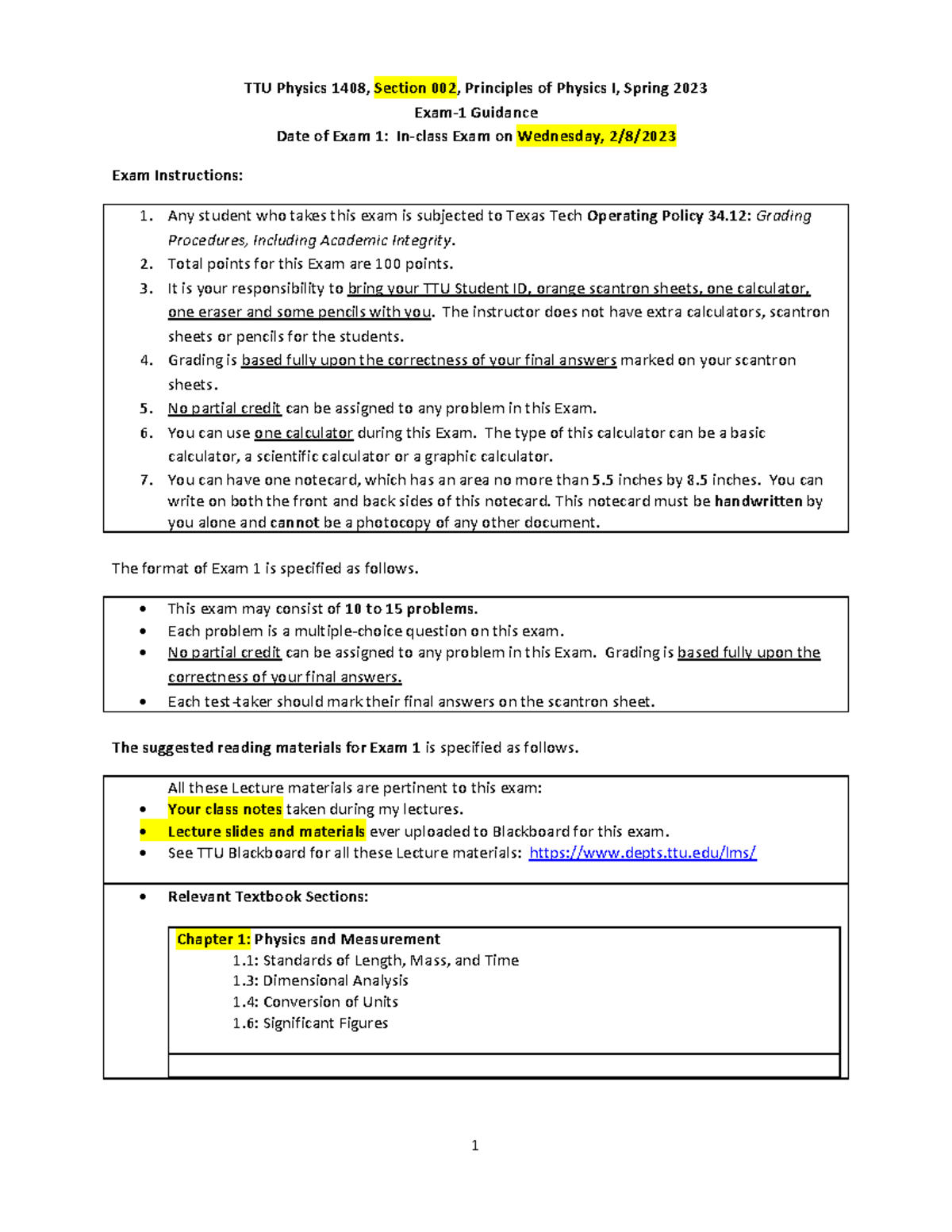 Exam-1 Guidance Physics - 1 TTU Physics 1408, Section 002, Principles ...