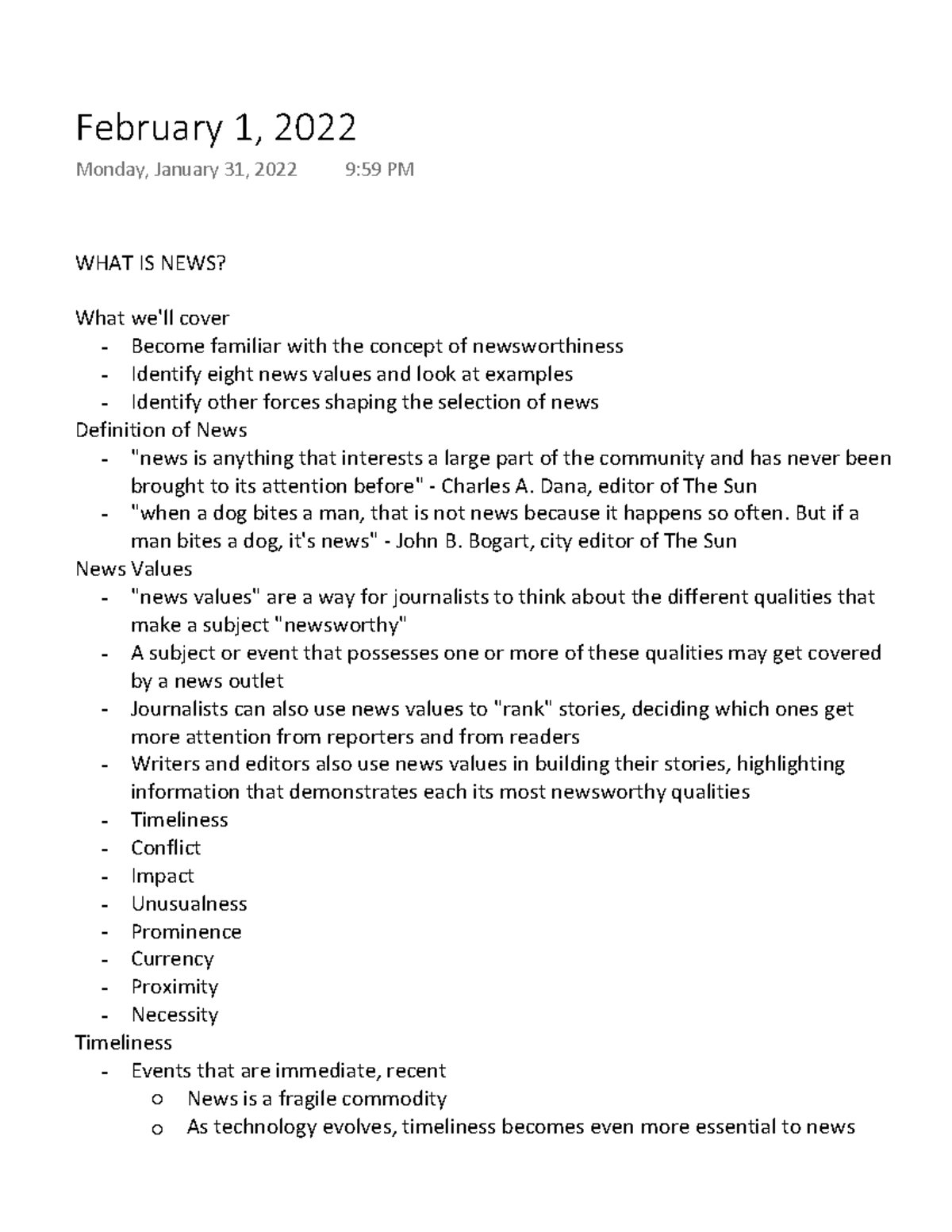 COM315 What is news Mr. Cunningham Intro to News lecture notes