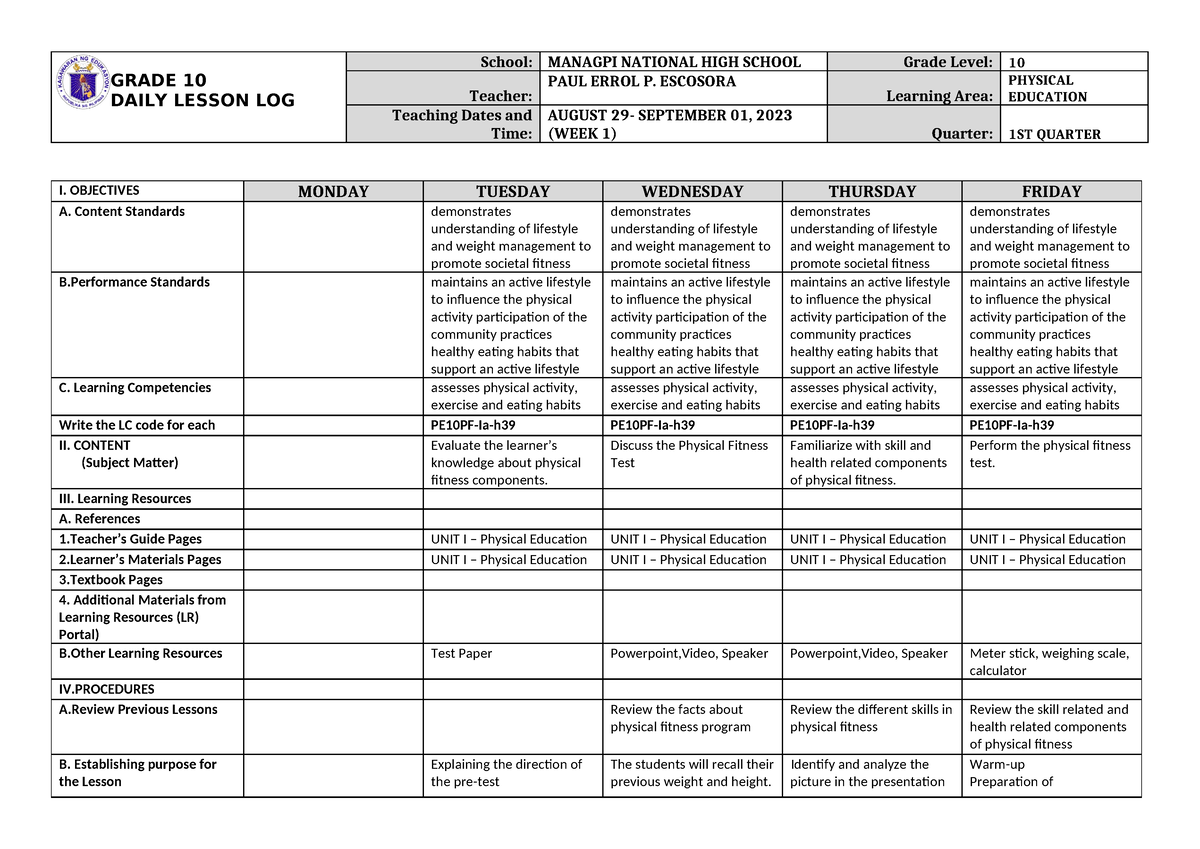 P.E DLL W1 08-29- 09-01 - 24 - GRADE 10 DAILY LESSON LOG School ...