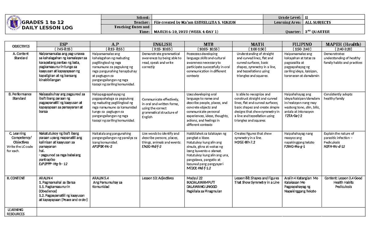 Dll All Subjects 2 Q3 W4 D1 - Grades 1 To 12 Daily Lesson Log School 