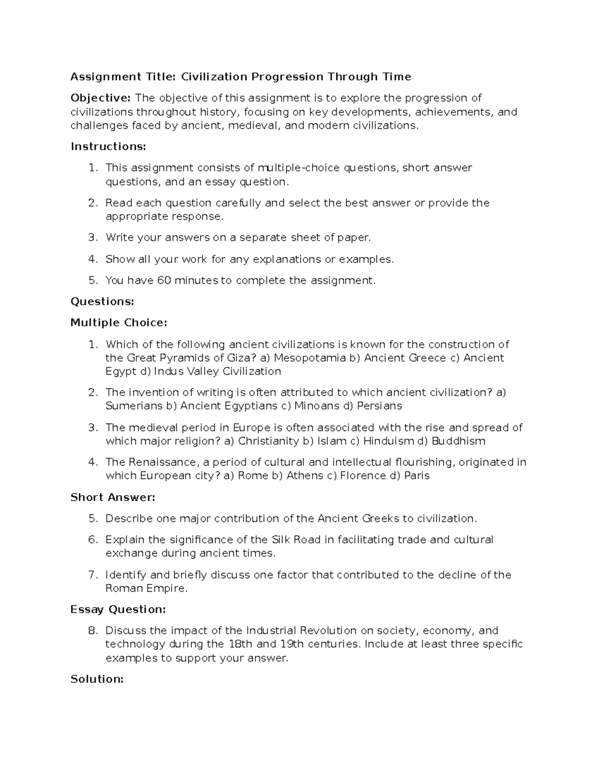 Civilization Ass - Assignment Title: Civilization Progression Through ...