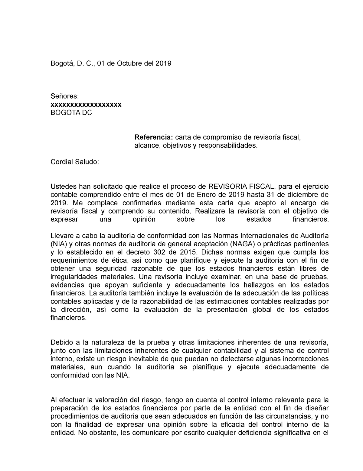 Carta Encargo Revisor Fiscal 011134 Bogotá D C 01 De Octubre Del