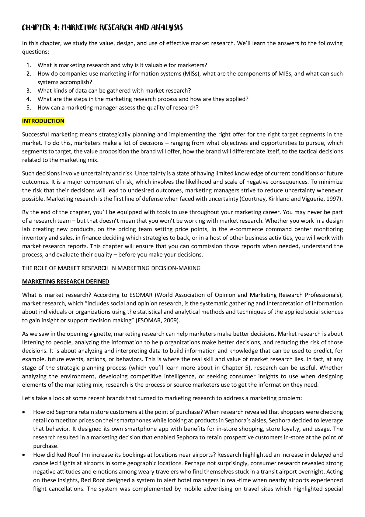 Chapter 4 - Notes - CHAPTER 4: MARKETING RESEARCH AND ANALYSIS In This ...