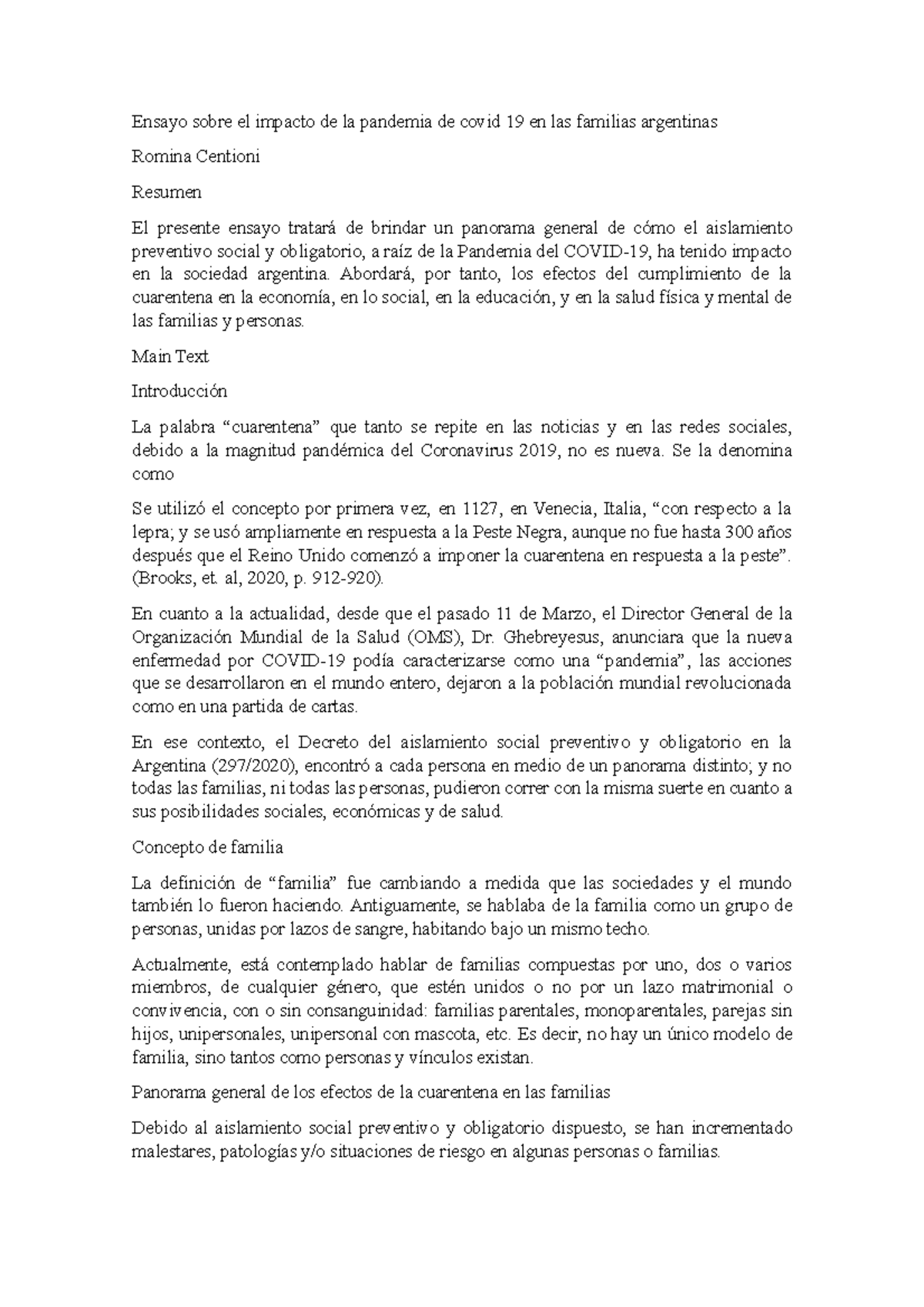Ensayo sobre el impacto de la pandemia de covid 19 en las familias ...