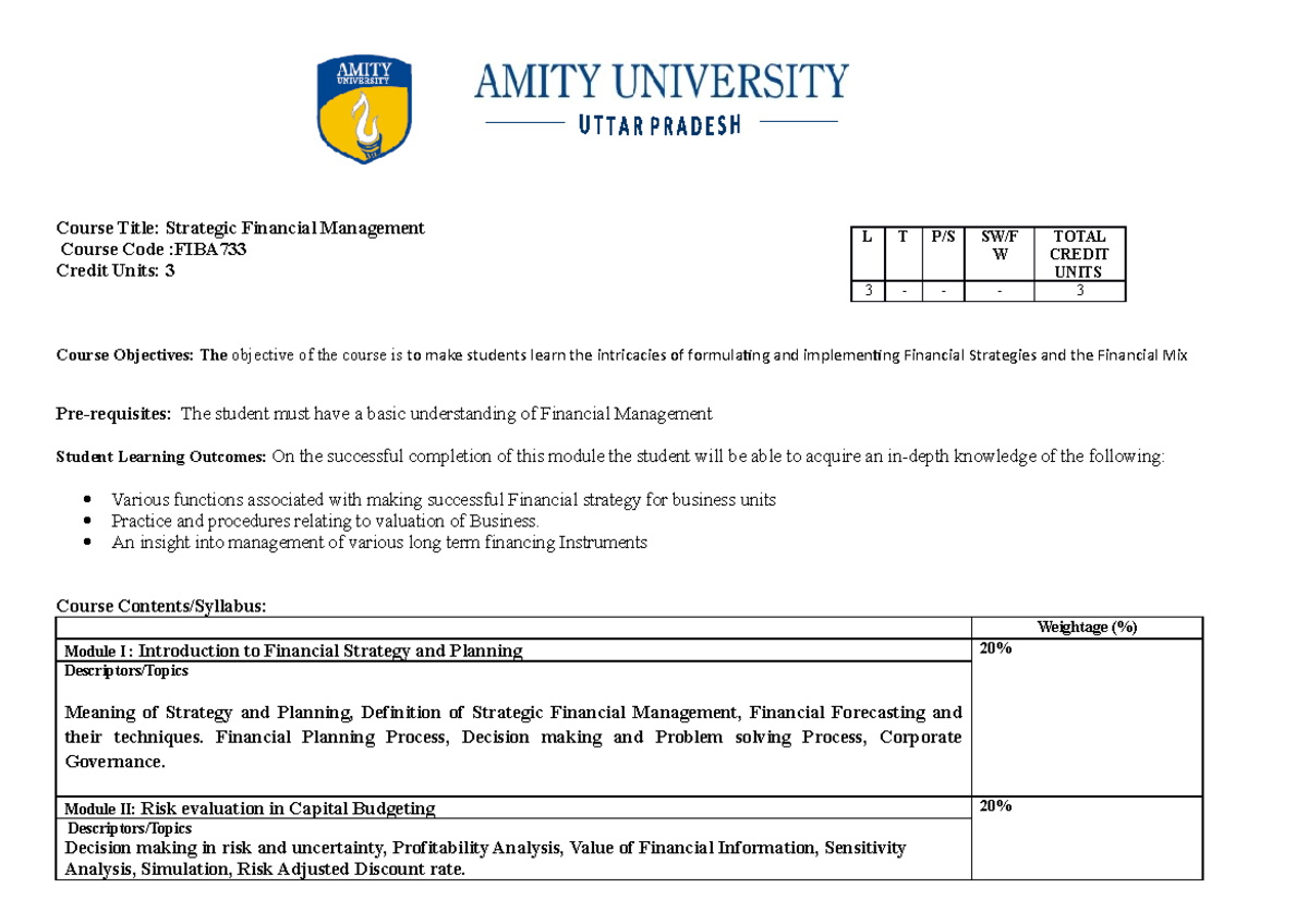 New Syllabus 17442018 32707220 - Course Title: Strategic Financial ...