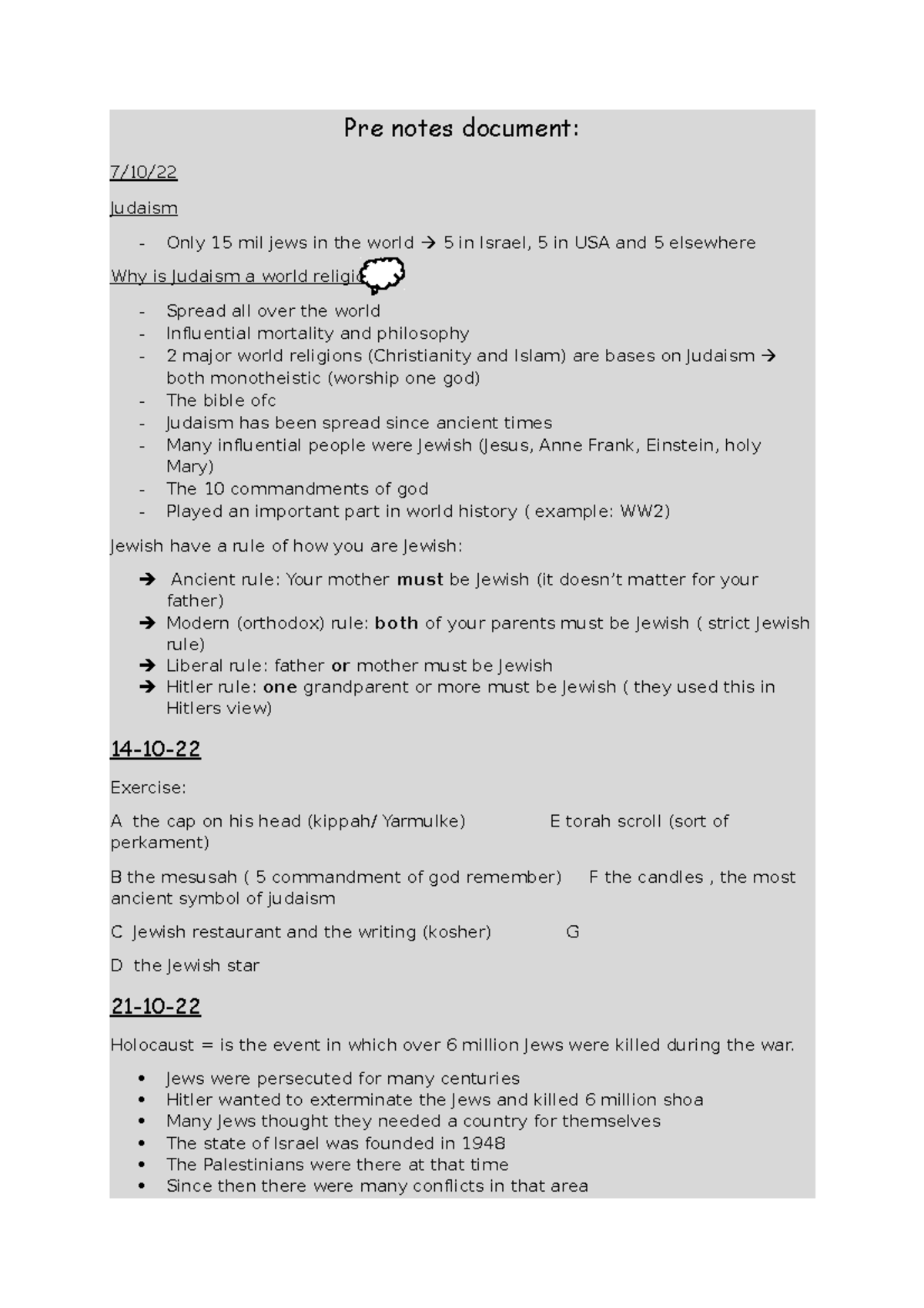 Pre notes judaism - Pre notes document: 7/10/ Judaism - Only 15 mil ...