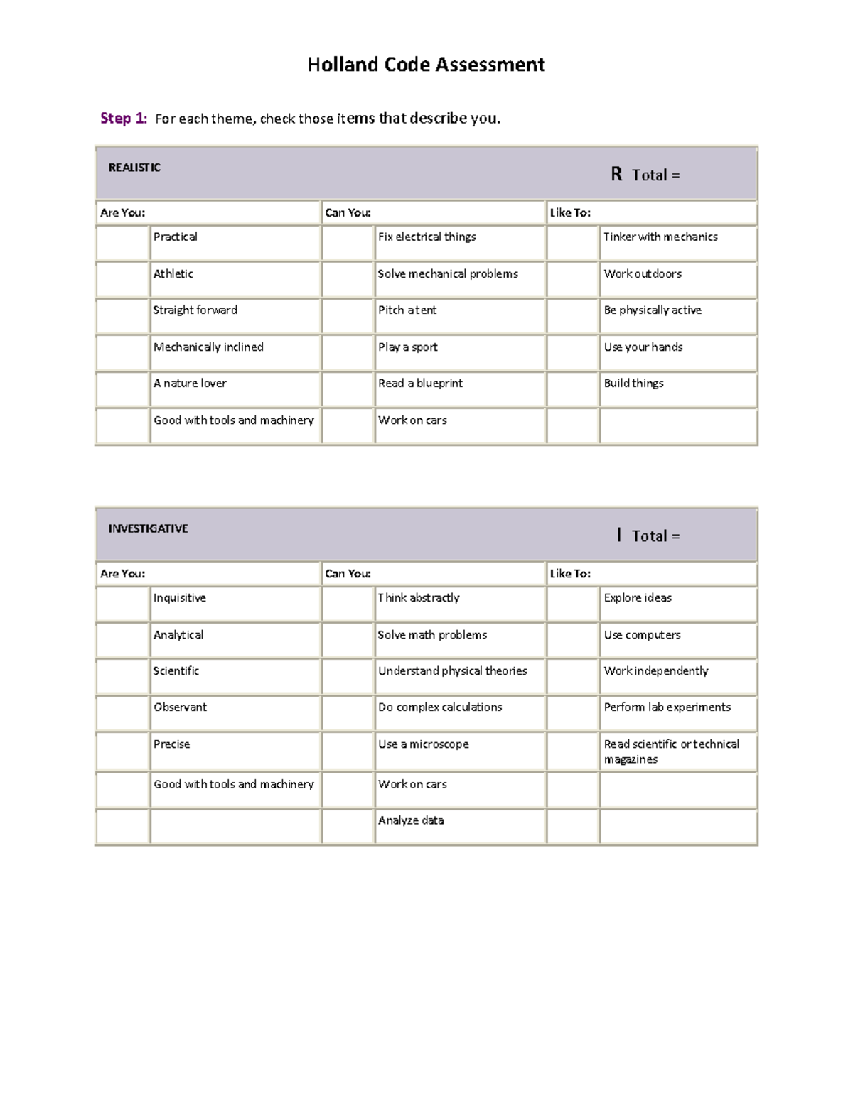1. SDS Holland PERSONALITY TEST Step 1 For each theme, check those