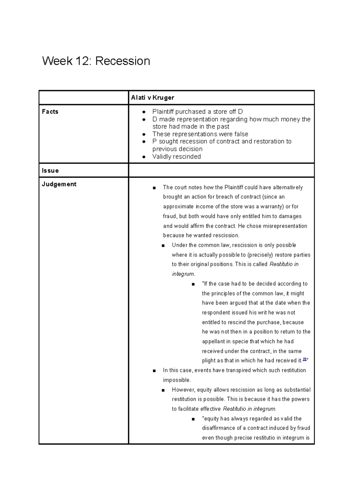 Week 12 Contract B Cases Week 12 Recession Alati V Kruger Facts 