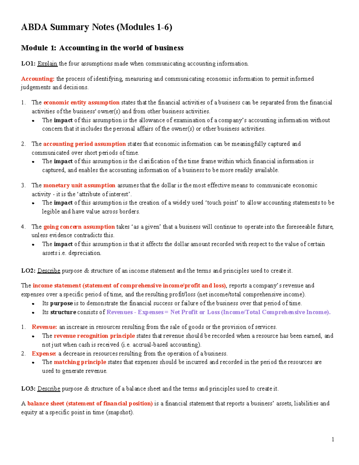 ABDA Summary Notes Modules 1 6 - Module 1: Accounting in the world of ...