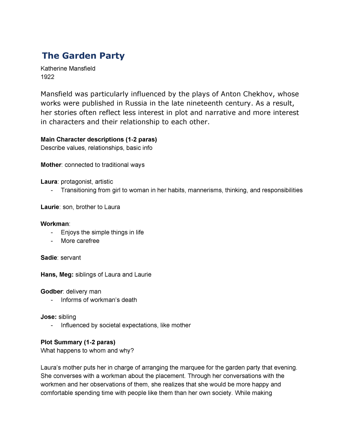 the garden party mansfield summary