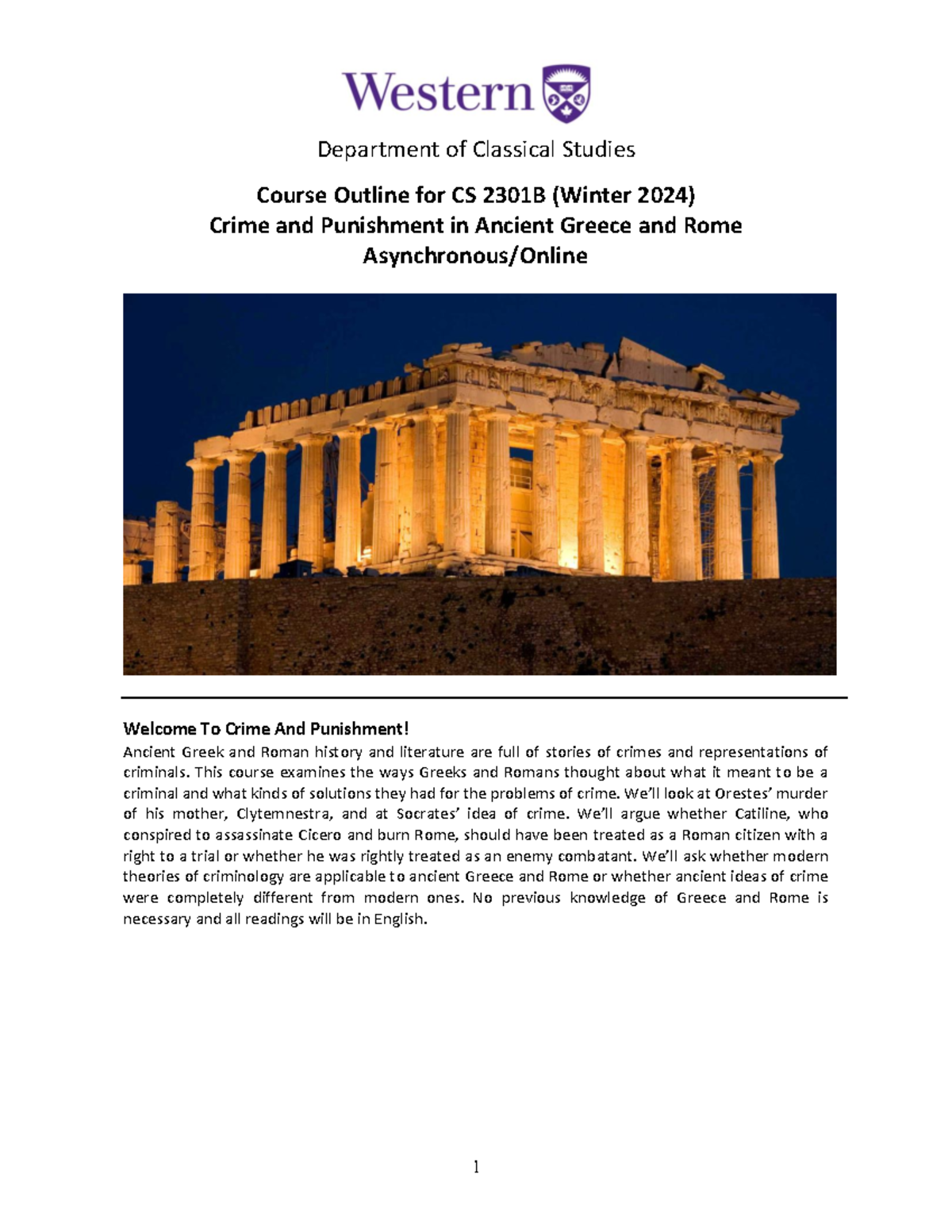 CS2301B-Course Outline 2024 - Department of Classical Studies Course ...