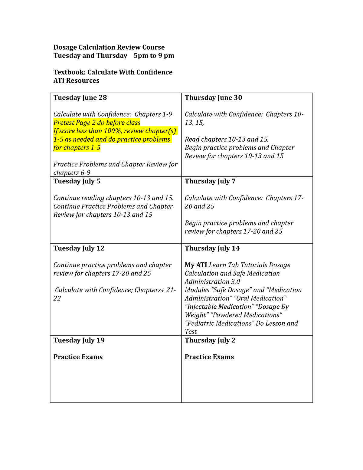 Dosage Calculation Review Course Dosage Calculation Review Course Tuesday And Thursday Pm To