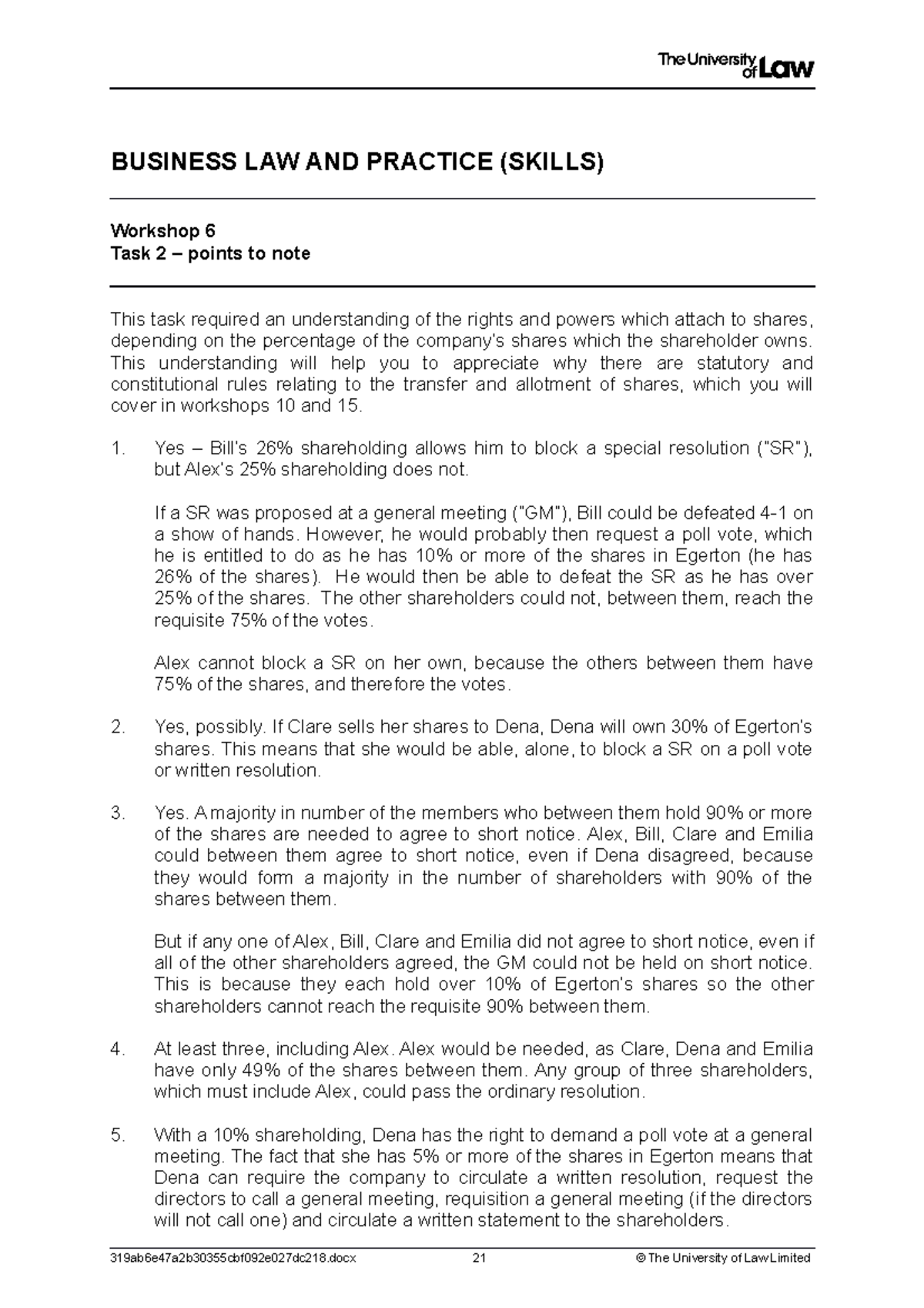 Business Law & Practice Workshop Guide 6 Task 2 Poins to Note ...