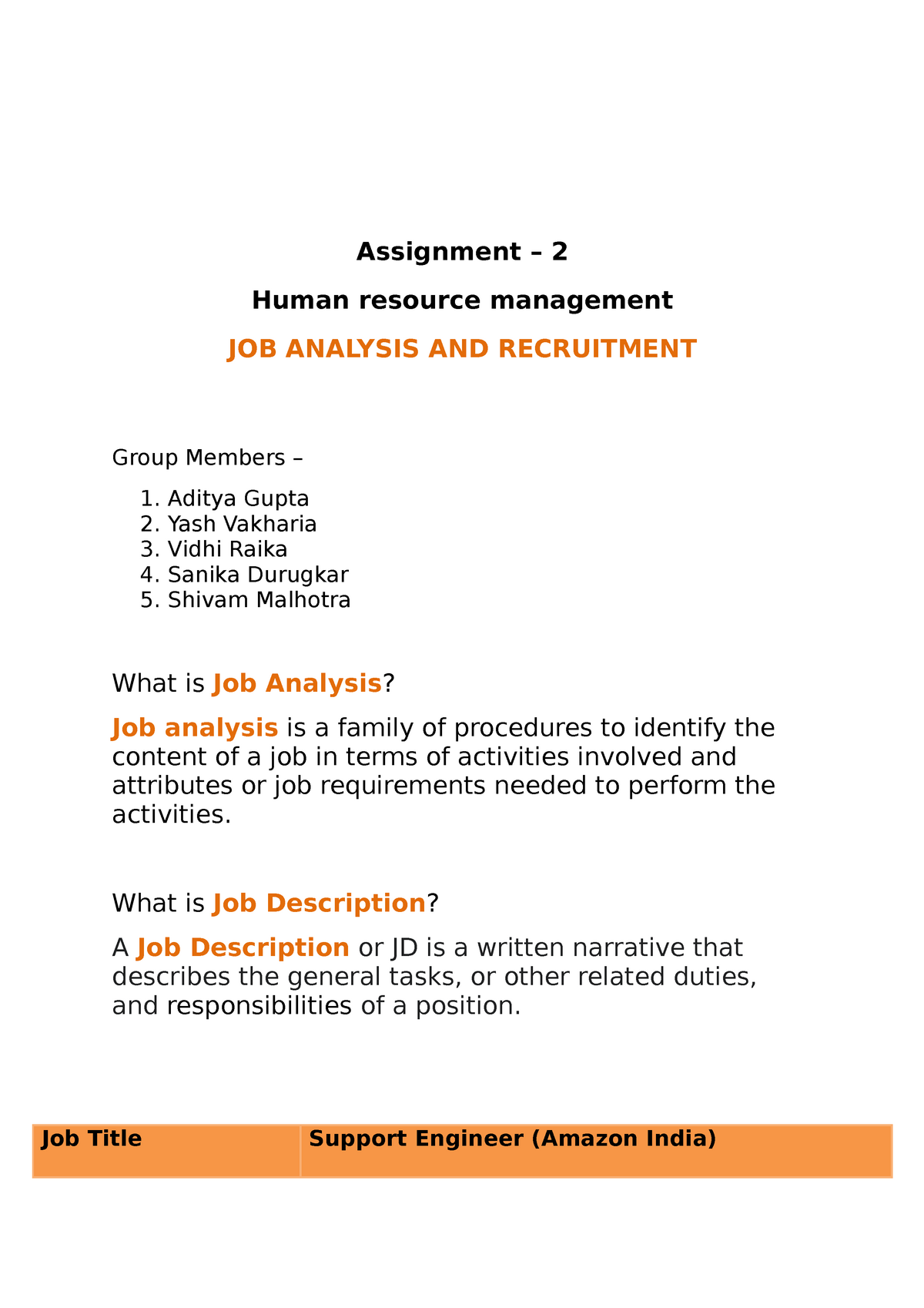 assignment on job description and job specification