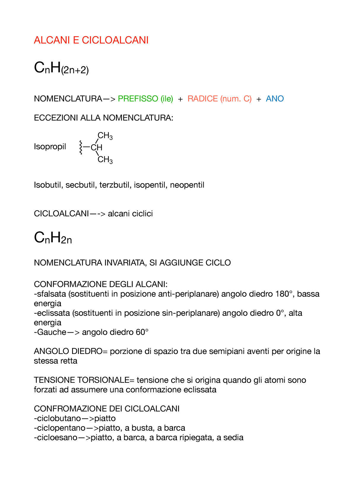 Alcani - riassunto per preparazione a esame - ALCANI E CICLOALCANI CnH ...