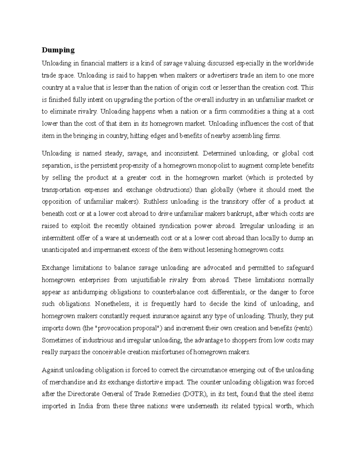 Dumping in International economics Dumping Unloading in financial