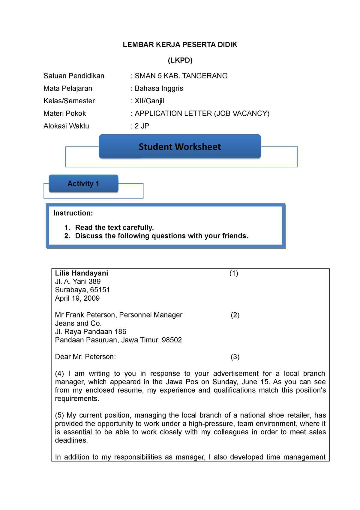 lkpd application letter kelas 12