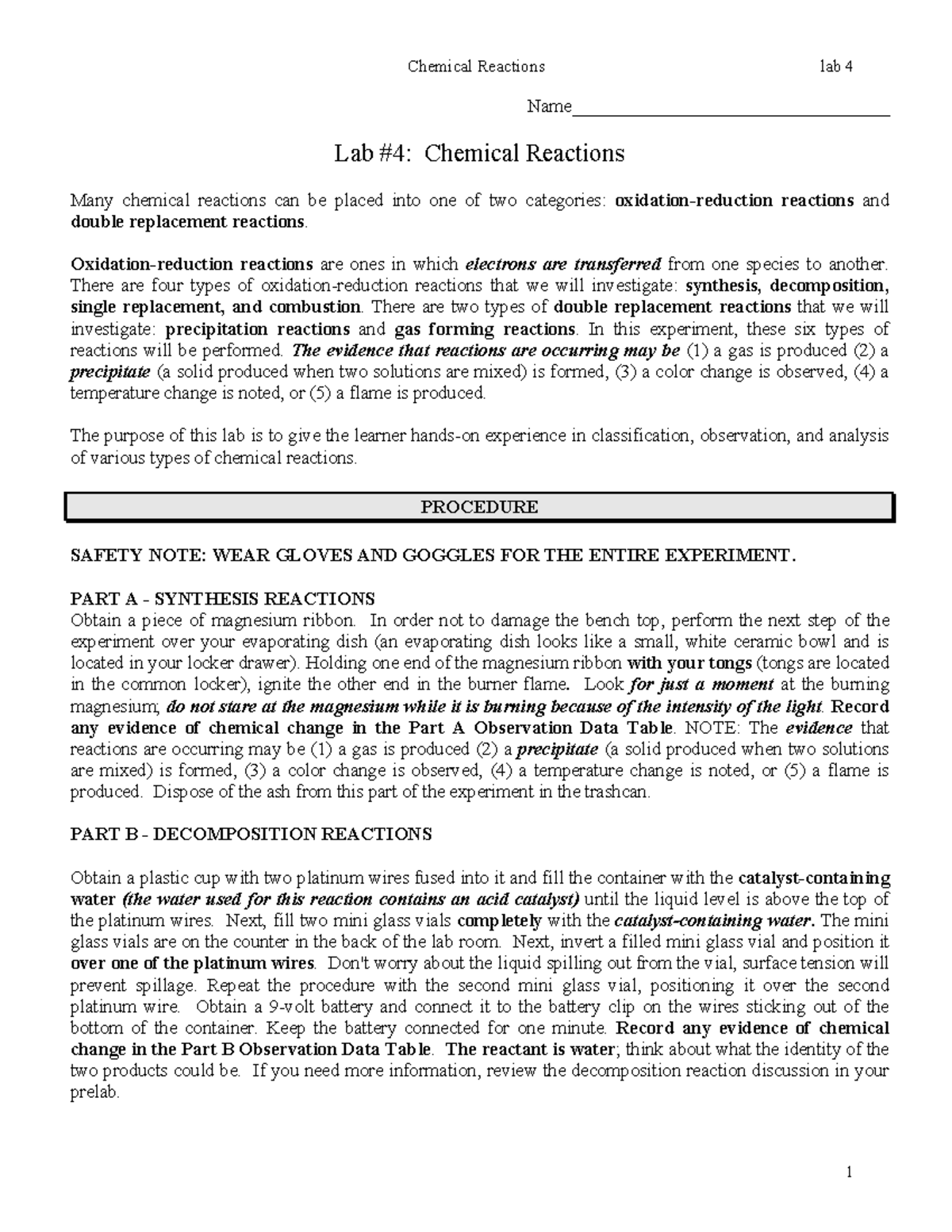 Lab 04 Chem Reaction Name__________________________________ Lab 4