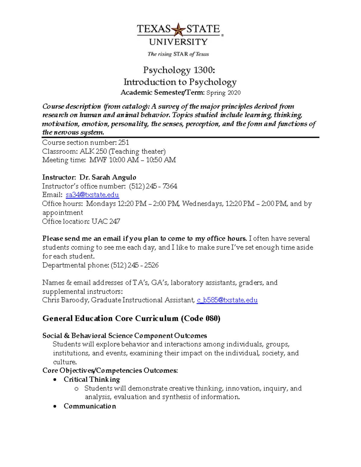 Introduction to psychology syllabus spring 2020 warning tt