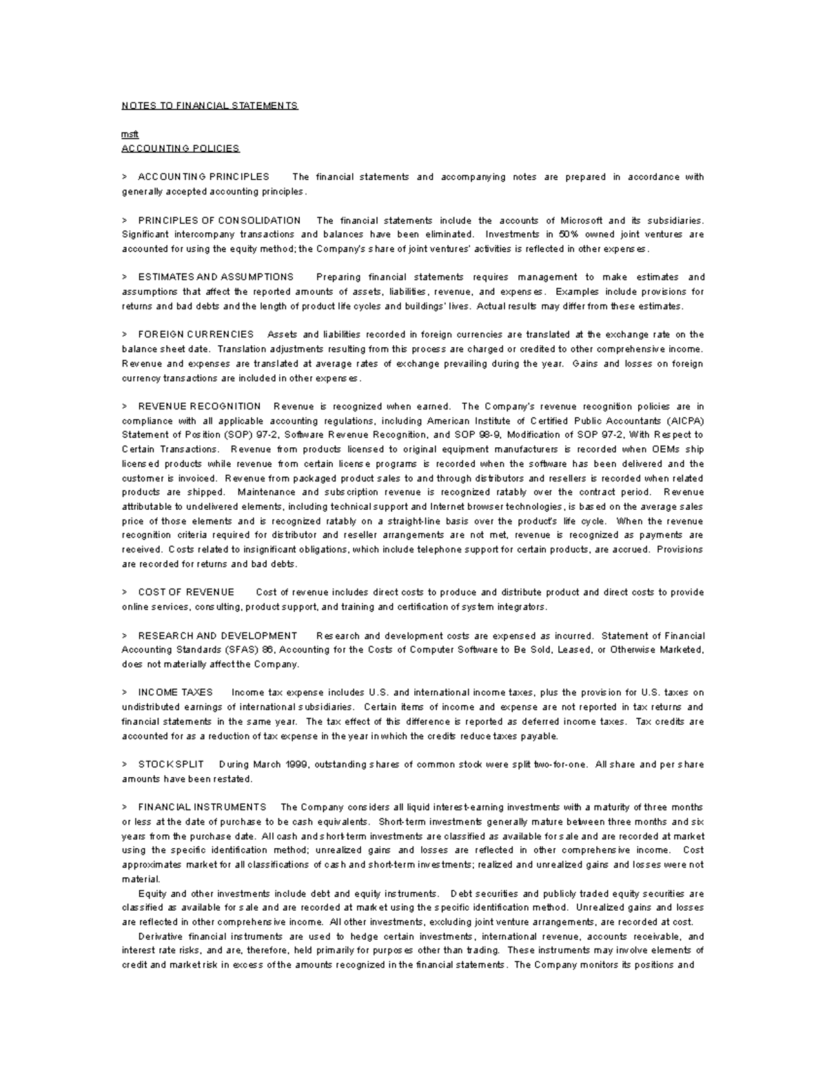 Notes - all - NOTES TO FINANCIAL STATEMENTS msft ACCOUNTING POLICIES ...