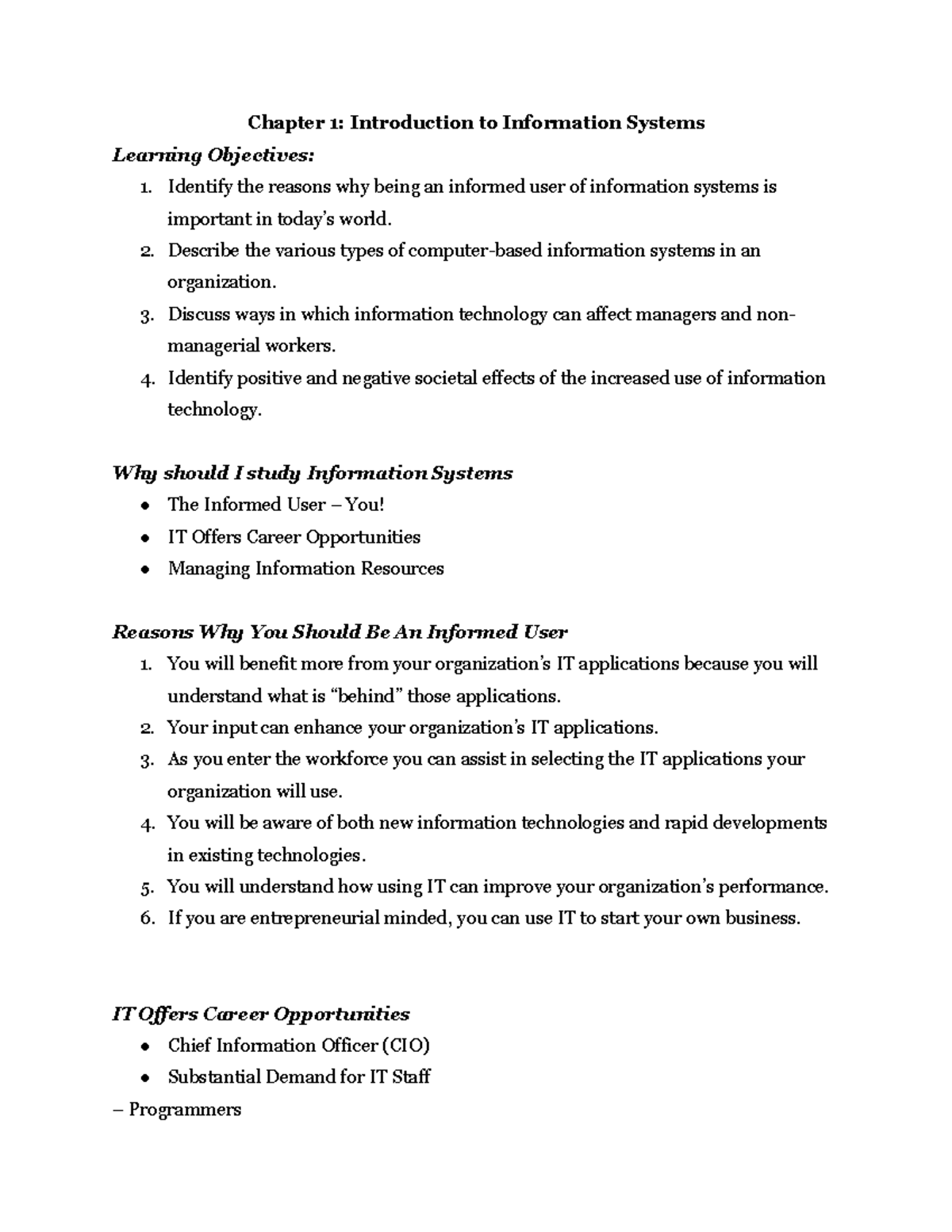 Chapter 1 Notes - Chapter 1: Introduction to Information Systems ...