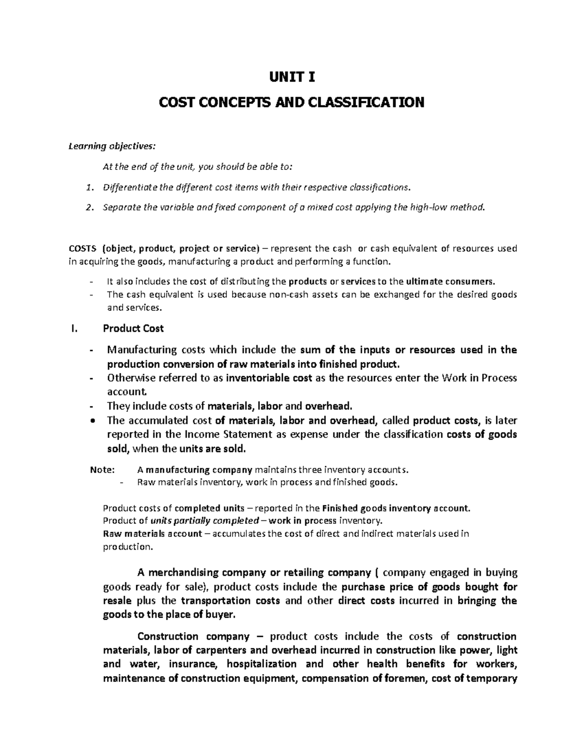 Notes ON Classification OF Costs AND COST Concepts - UNIT I COST ...