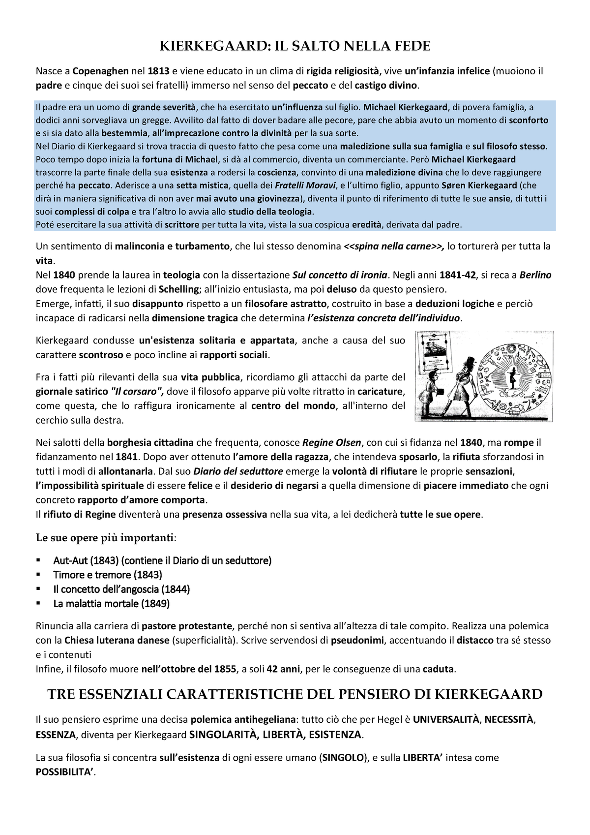 Kierkegaard - KIERKEGAARD: IL SALTO NELLA FEDE Nasce a Copenaghen nel 1813  e viene educato in un - Studocu