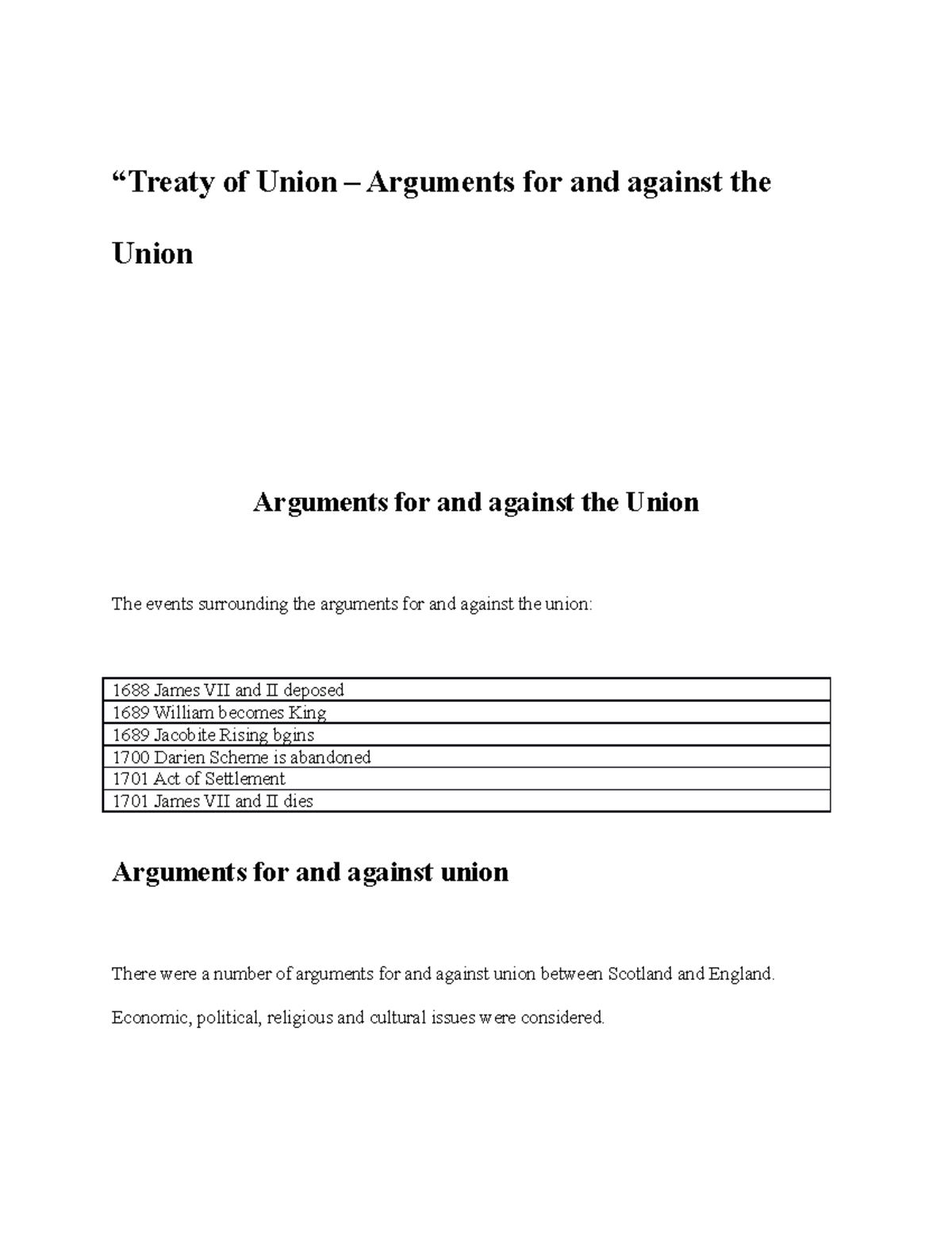 History notes treaty of union arguments for and against union “Treaty