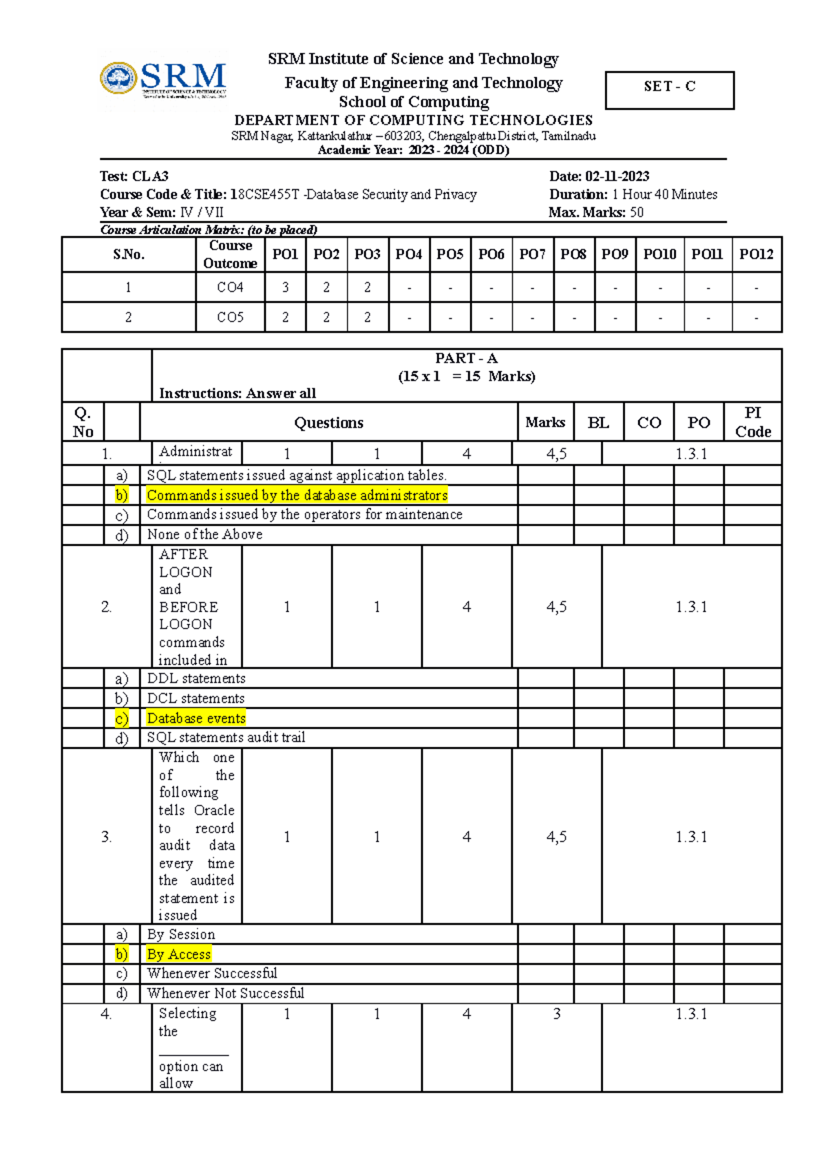 DSP CT 3 SETC Answer Key SRM Institute of Science and Technology