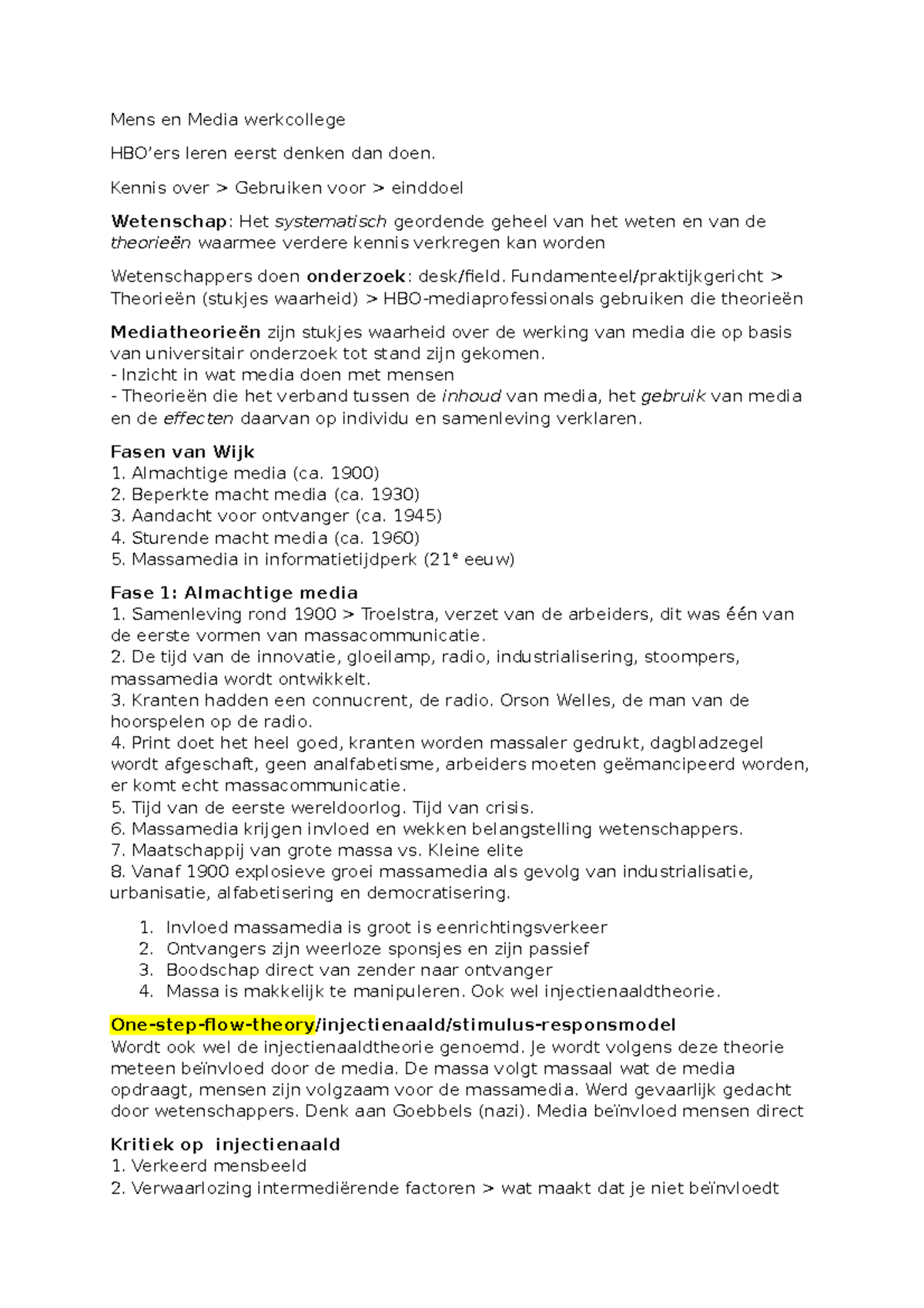 College-aantekeningen, College 1, 2, 3 - Mens En Media Werkcollege HBO ...